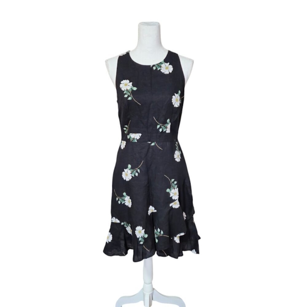 Banana Republic Linen Dress Size 4 Black Floral Feminine Preppy Career
